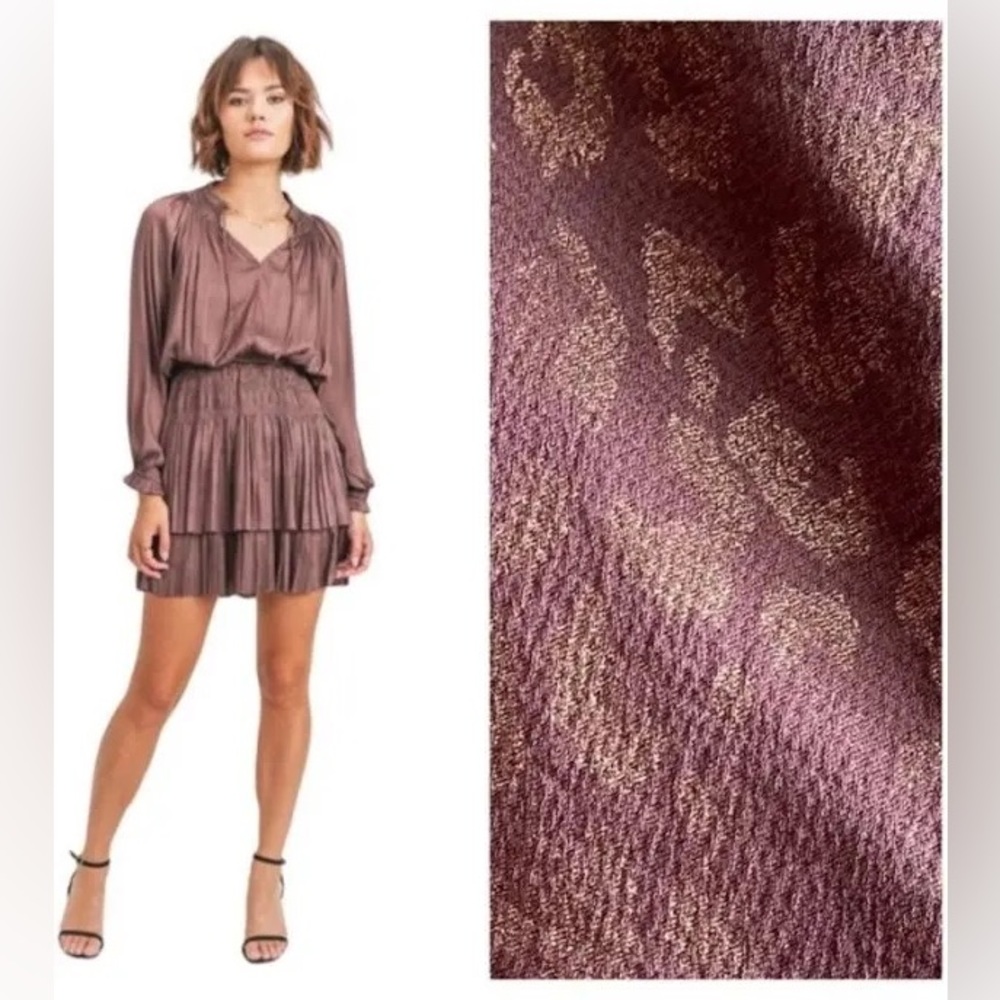 Current Air Long Sleeve Pleated Tiered Mini Dress in Mauve Metallic
